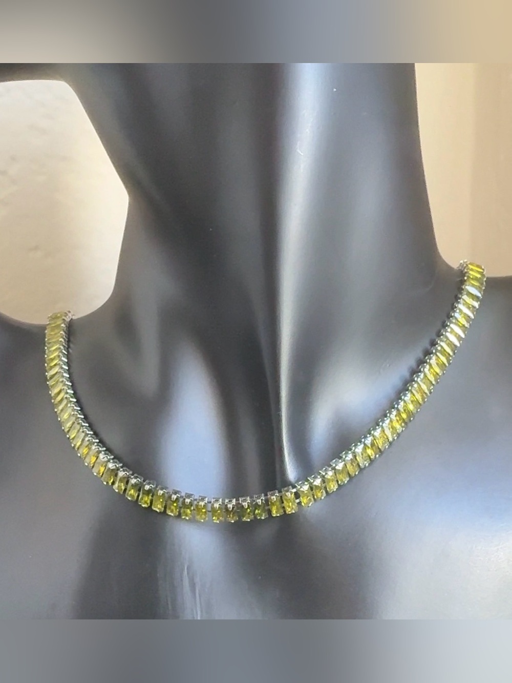18K White Gold Plated Peridot Green Baguette CZ Tennis Necklace 16-18"